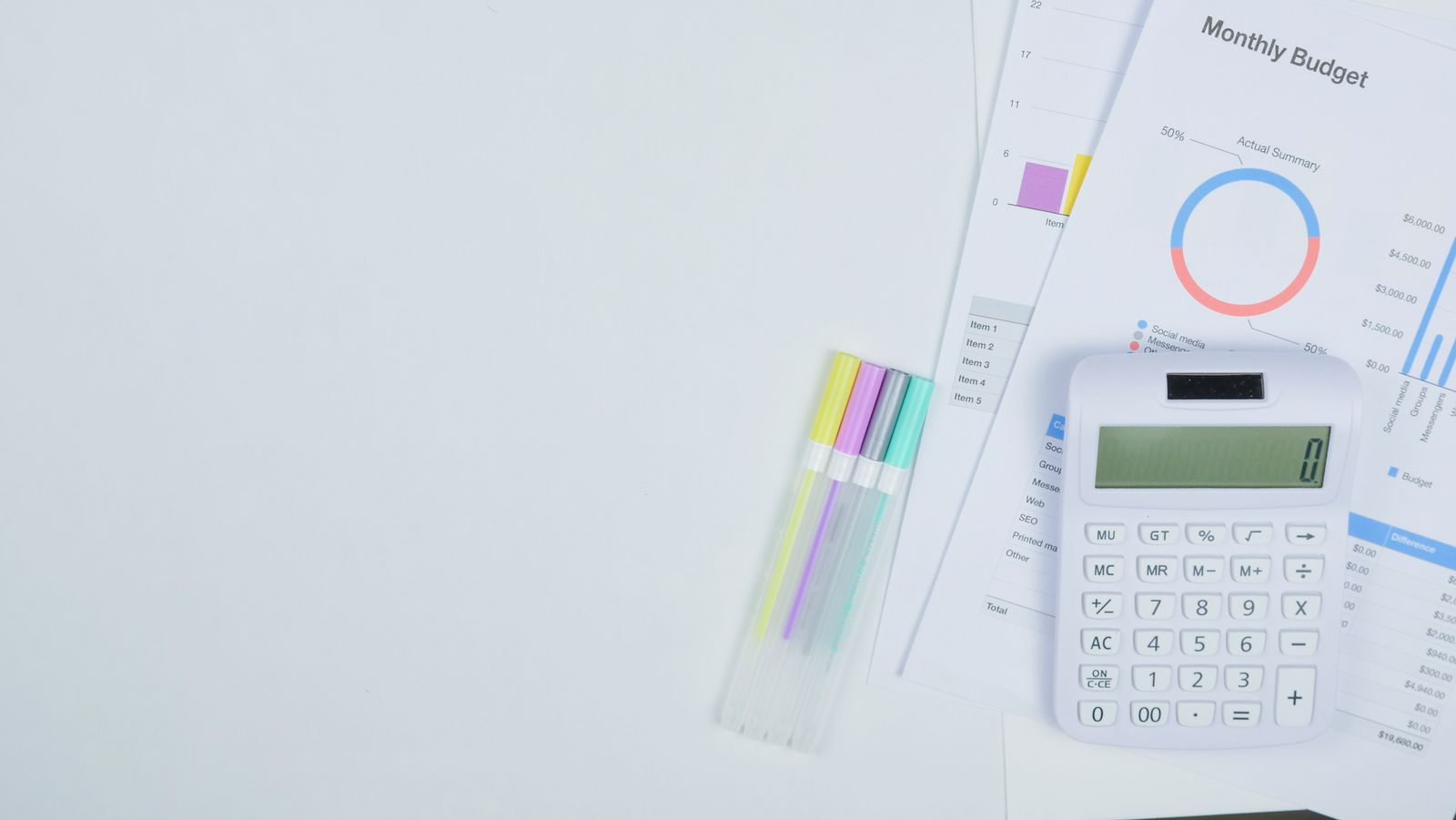 Calculator and budget worksheets on a desk used to plan digital marketing cost in Hyderabad