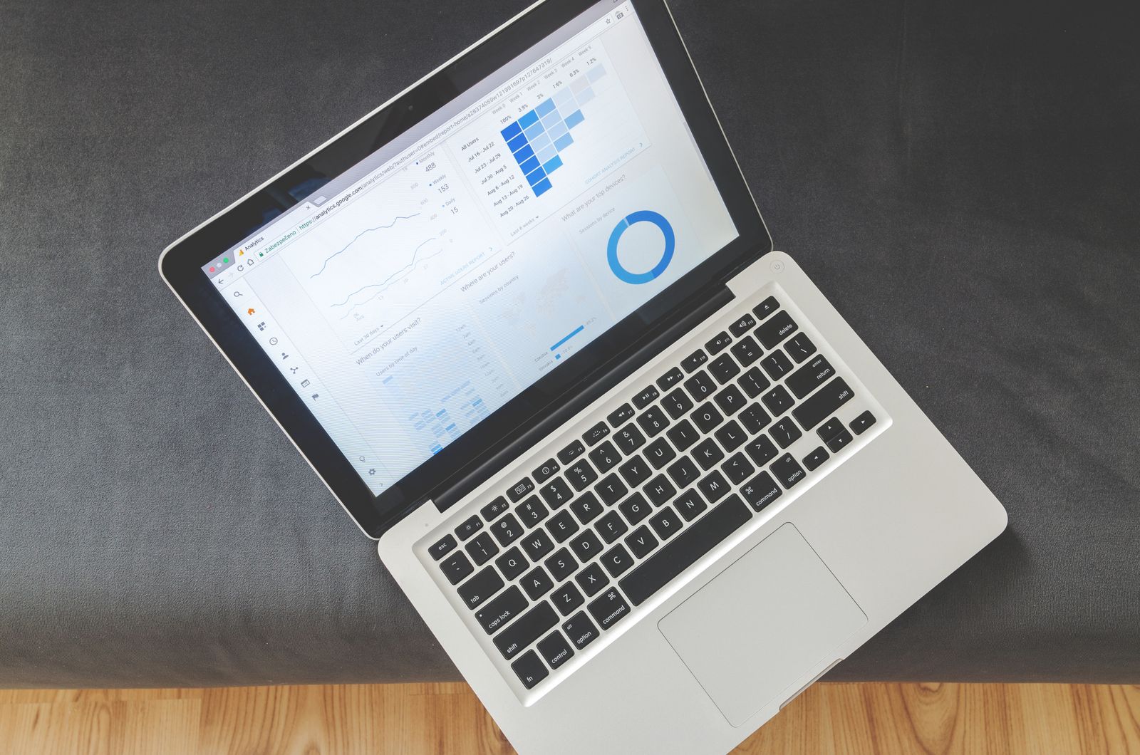 Laptop showing analytics charts used to compare SEO vs Google Ads results for a small business
